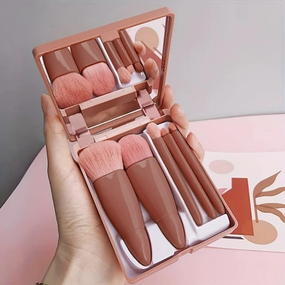 Pincel cosmético portátil, 5 peças, conjunto de pincéis de maquiagem para viagem com caixa de espelho, pincel para pó solto, pincel para blush, pincel para sombra