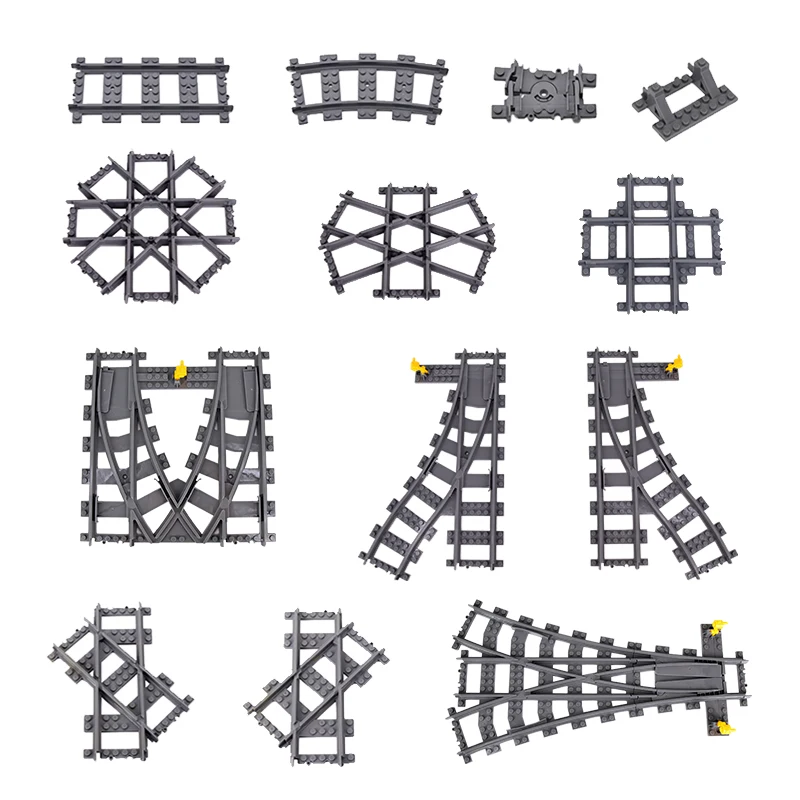 Moc 110 pçs 25 estilos conjunto de trilhos de trem da cidade único interruptor deslizante trilhos cruzados tijolos blocos de construção brinquedos técnicos para crianças