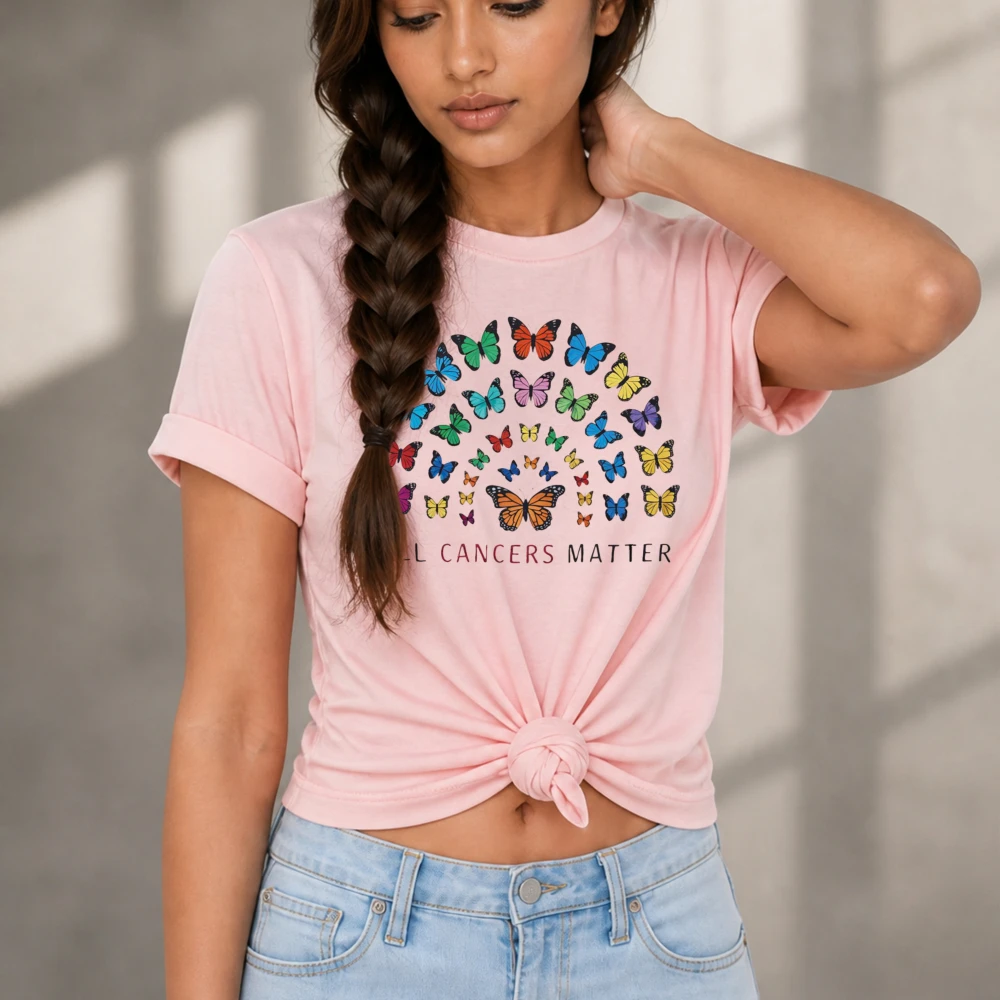 All Cancers Matter Colorful Butterfly Circle T-Shirt Cancer Awareness Multicolor Butterflies Graphic Tee Casual Short Sleeve Top