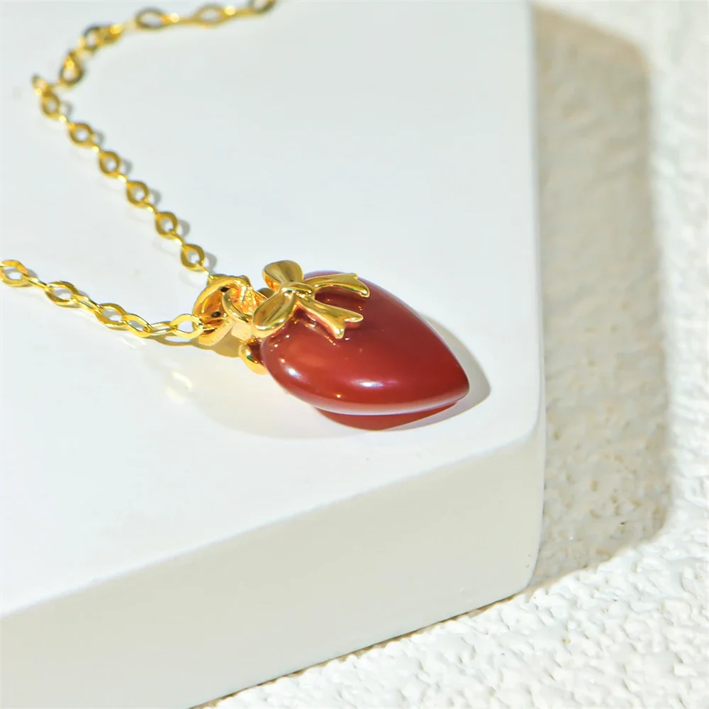 Red Heart Natural Red Agate Pendant Real 18K Gold Necklace Pendant Bow Pure Au750 Anniversary Gift For Women Fine Jewelry