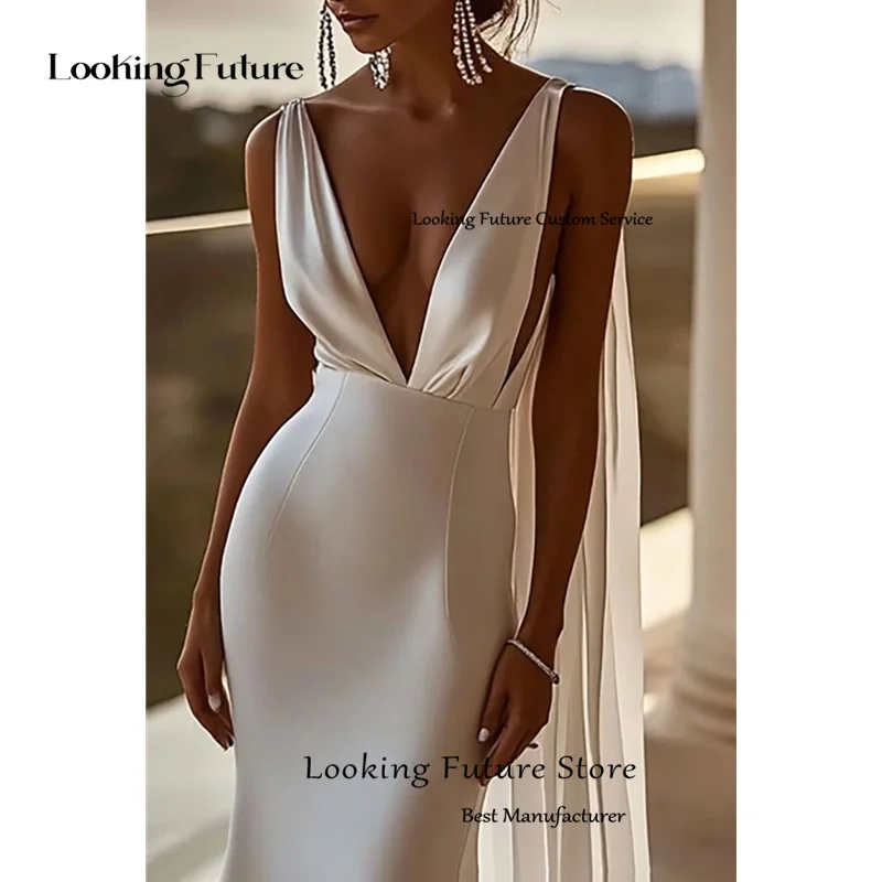 بوهو حورية البحر الساتان فستان الزفاف مثير العميق الخامس الرقبة السباغيتي الأشرطة أكمام ثوب زفاف مطوي عارية الذراعين قطار طويل مخصص