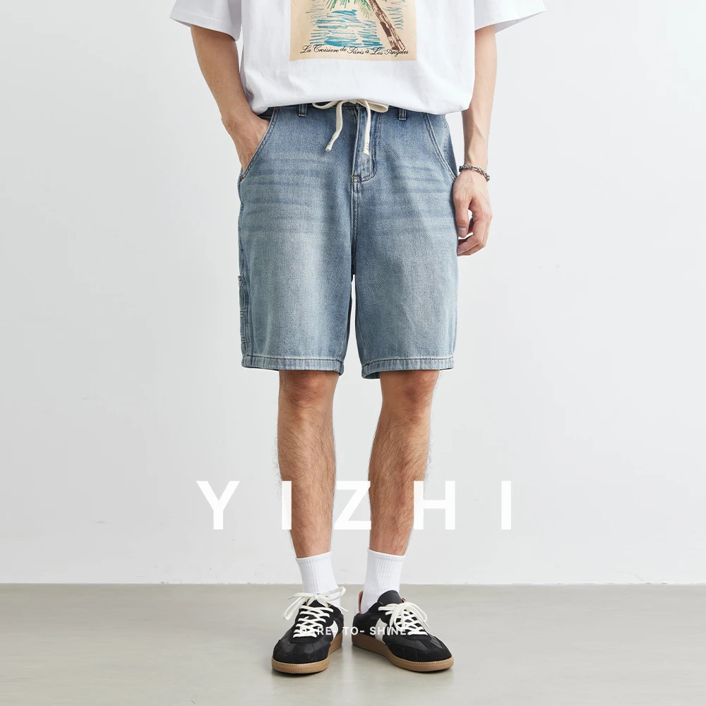 

100% Cotton Casual Denim Shorts Men Buttons Straight Comfortable Light Blue Soft Short Pants Baggy Wide Bermuda Male Jeans