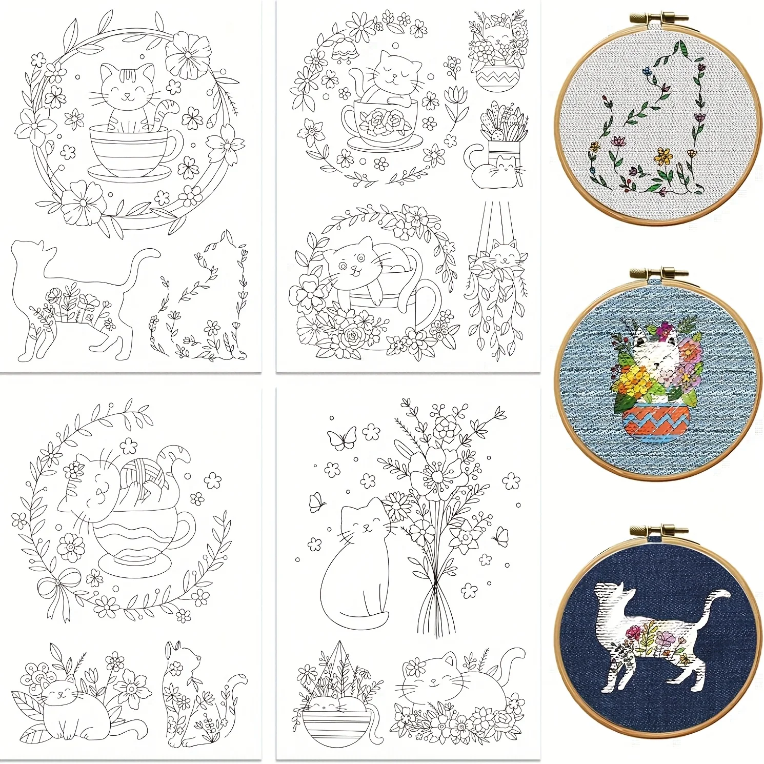 4pcs A4 Cat & Floral Pre-Printed Water Soluble Embroidery Stabilizer Set, Black with Flower and Leaf Patterns for DIY Sewing and