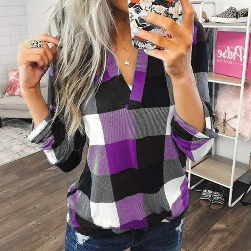 Spring Autumn Vintage Classical Plaid Print V-neck Long Sleeve Casual Pullover Shirt Elegant Fashion Loose Blouse Female Clothes