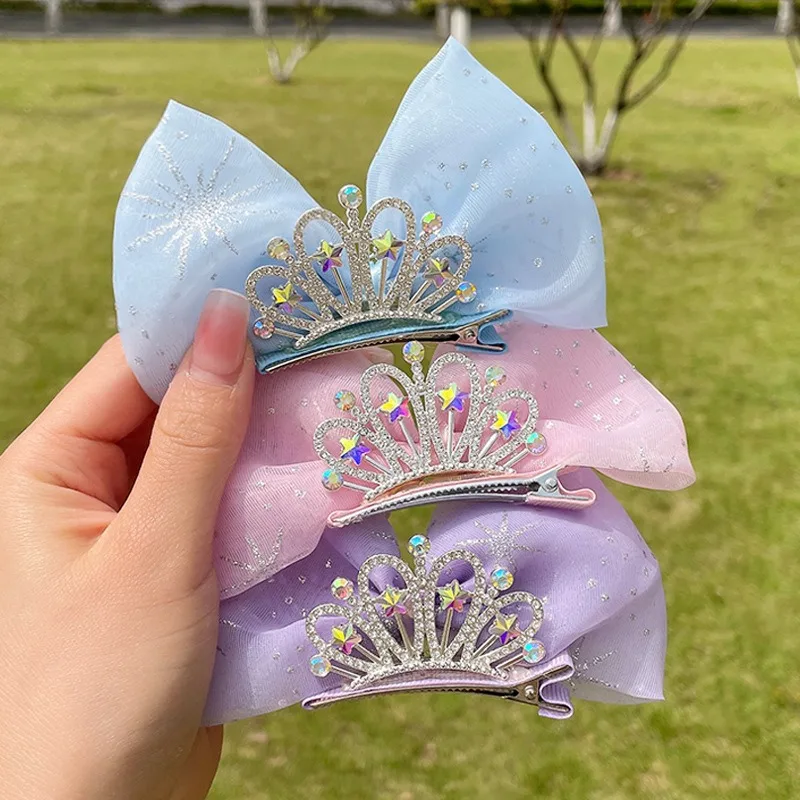 Disney Children's Lace Elsa Princess Crown Bow Hairpin Three-dimensional Mesh Headdress Little Girl Hair Accessory