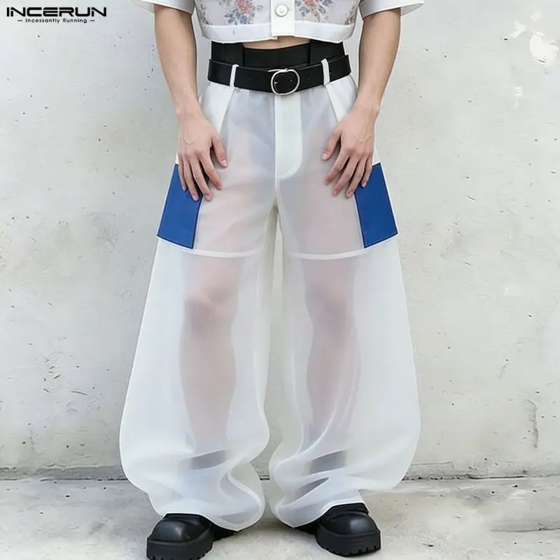 INCERUN Herrenhose, Mesh-Patchwork, Farbblock-Design, durchsichtige Hose mit Knöpfen für Herren, Streetwear, lockere Jogginghose, 2026, Hose mit weitem Bein