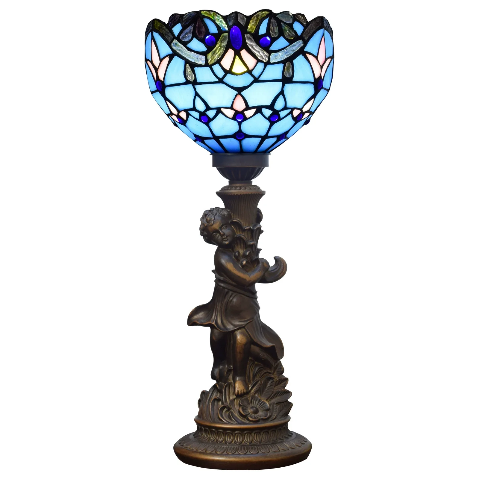 8inch 20cm Little Boy Base Vintage Blue Baroque Stained Glass Lampshade Restaurant Bar Desk Lamp Bedroom Bedside Table Lamp