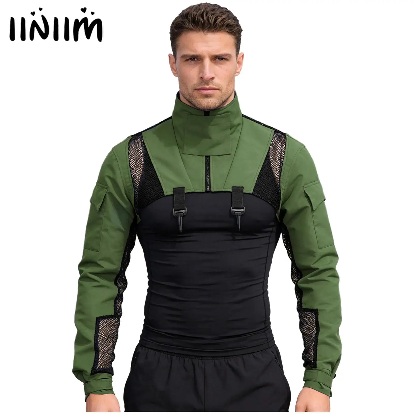Mens Adult Combat Shrugs T-shirt Shoulder Armor Crop Tops Stand Collar Mesh Patchwork Long Sleeves with Pockets Cropped Jacket