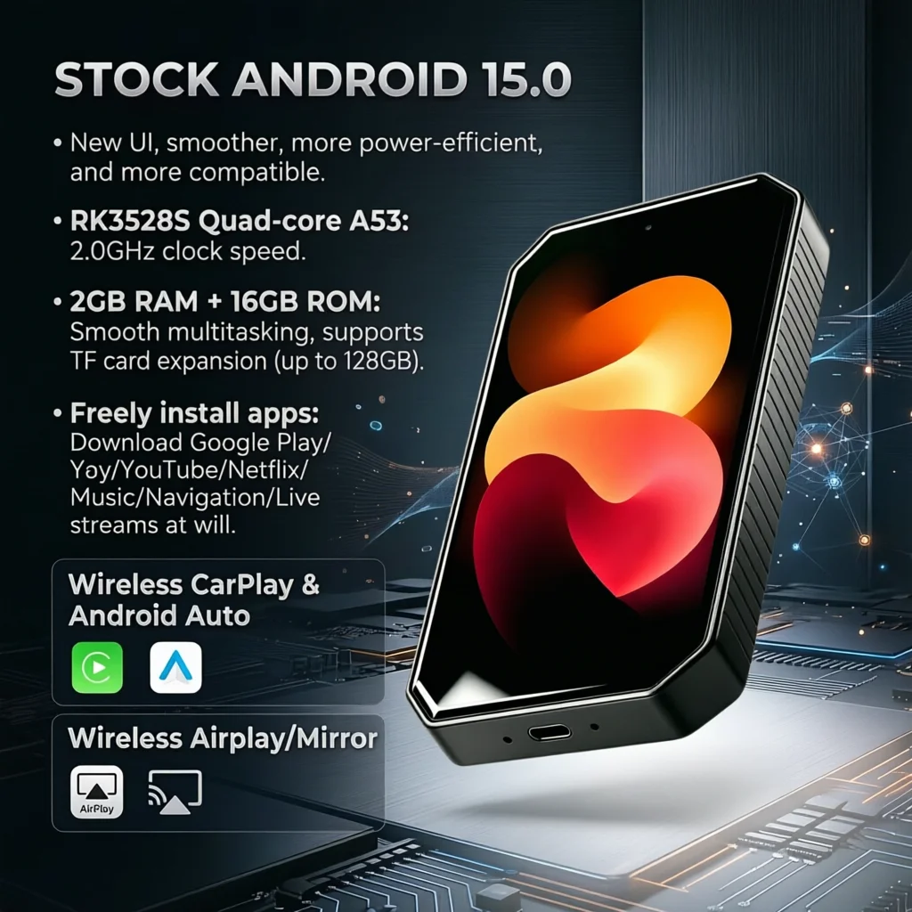 2026 Android TV Box Wireless CarPlay Android Auto  Let Wired CarPlay To Smart Android 15 System Built in Youtube Netflix