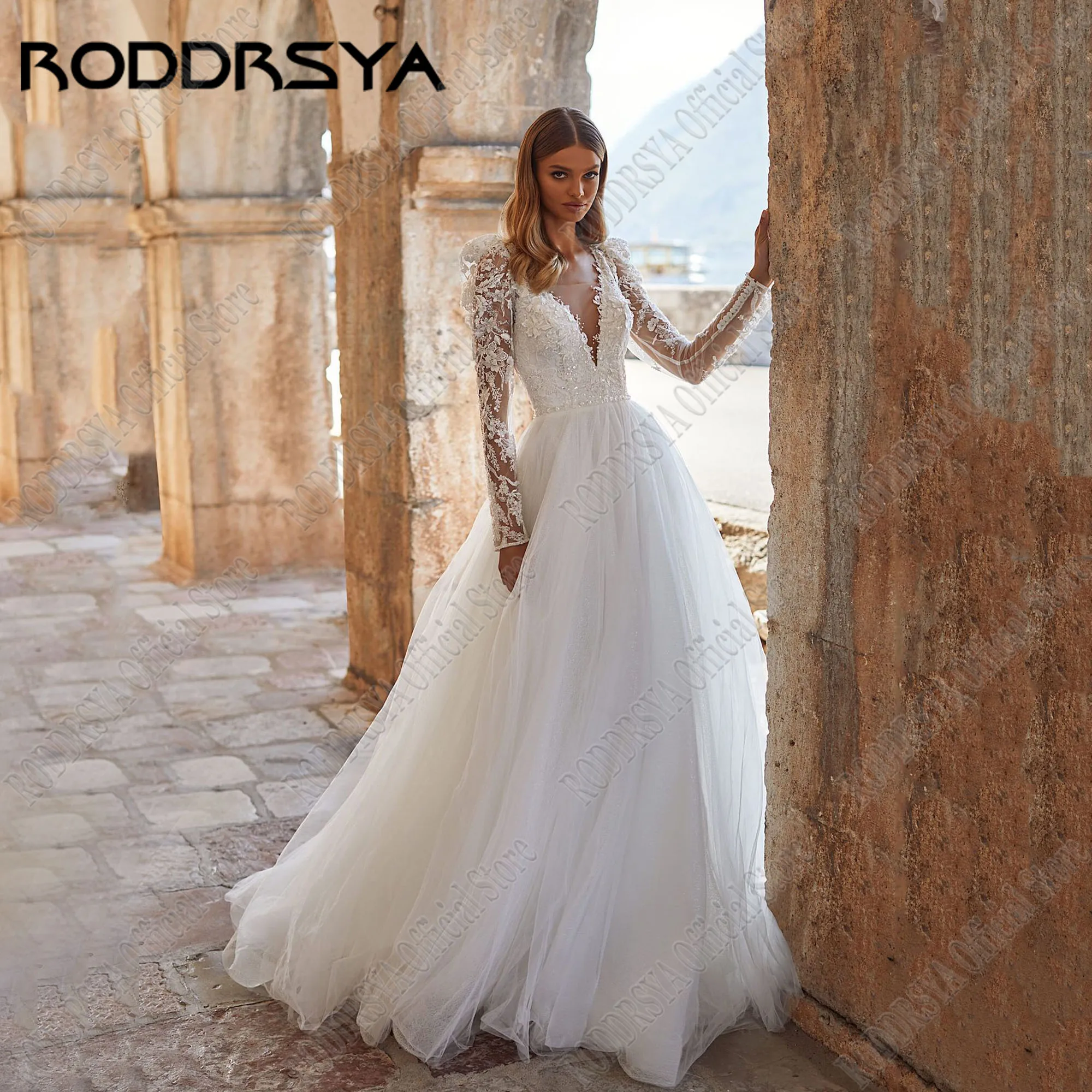 

RODDRSYA Scoop Neck Long Sleeve Lace Wedding Dresses 2025 Appliques A Line Vestido De Noiva Princess Wedding Gowns Customized