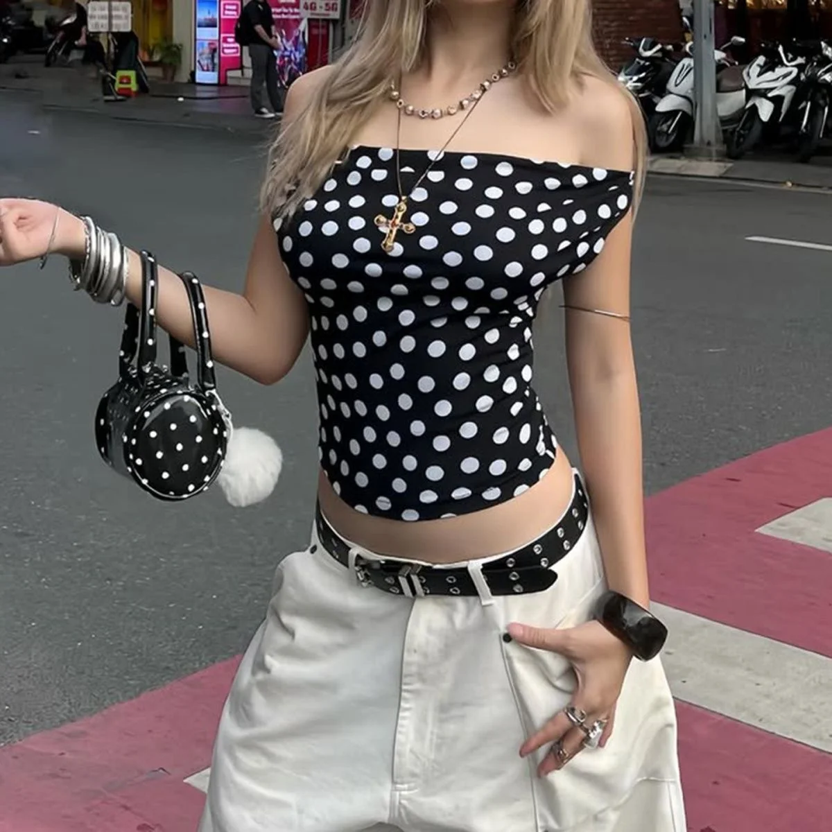 

American retro spicy girl polka dot printed women's tank top summer French style slim fit sexy versatile women's top