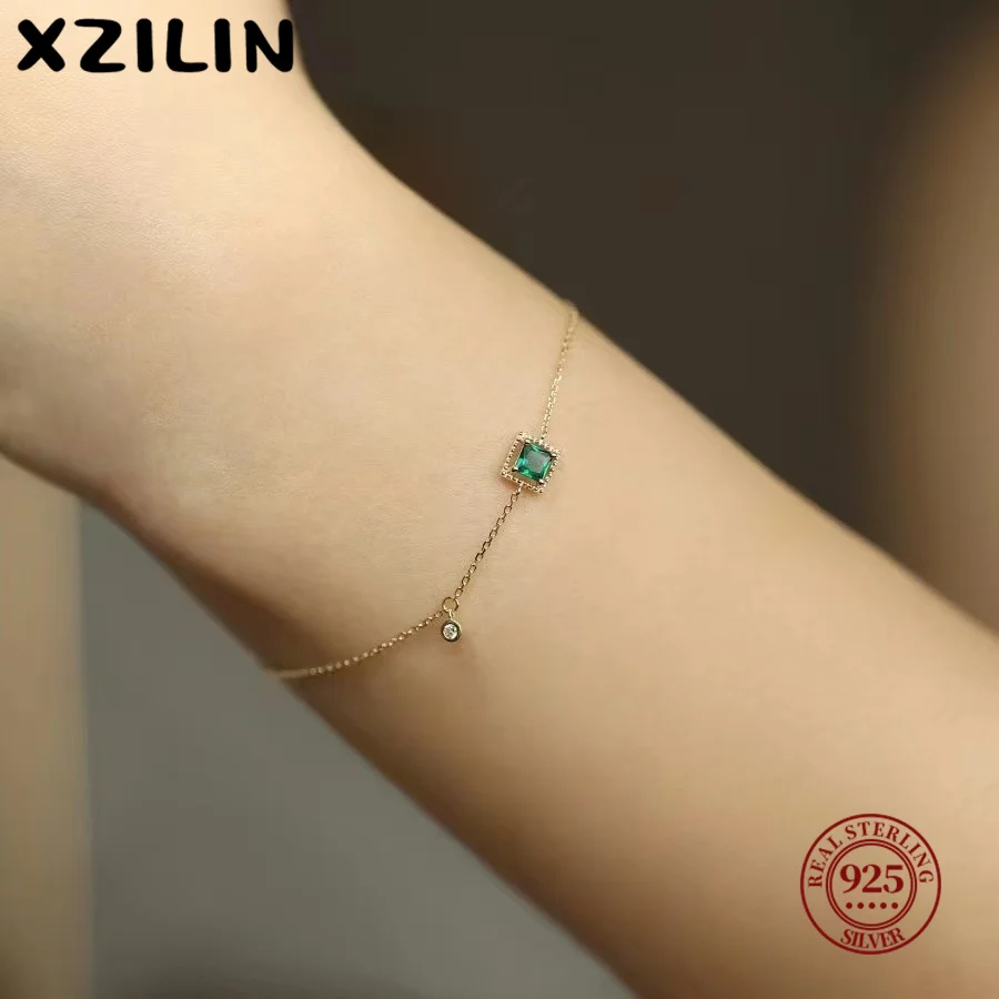 

XZiLin 925 Sterling Silver Japanese Simple Emerald Crystal Chain Bracelet Women Light Luxury Temperament Plating 14k Gold Jewelr