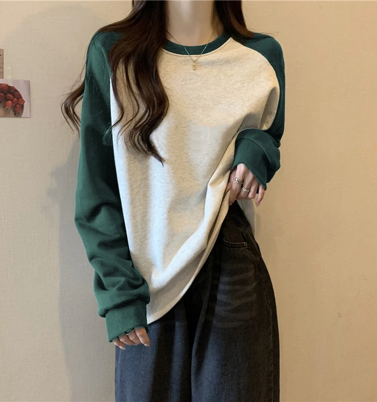 

Женский свитшот свободного кроя с эффектом похудения, круглым вырезом, тонкими вставками на плечах, в стиле колор-блок, корейский стиль, весна-осень