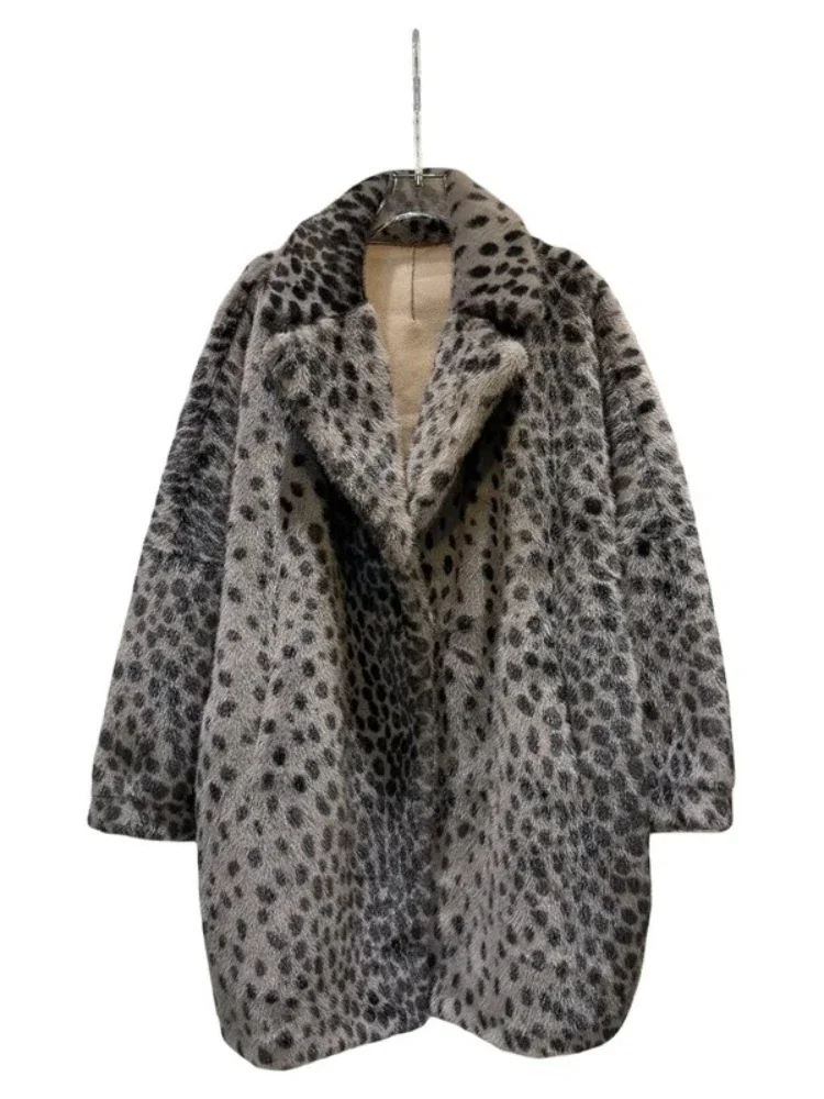 Vintage Fashion Maillard Blazer Coat Leopard Plush Long Jacket Women Fall/Winter High Quality Loose Warm Elegant Commuter Coats