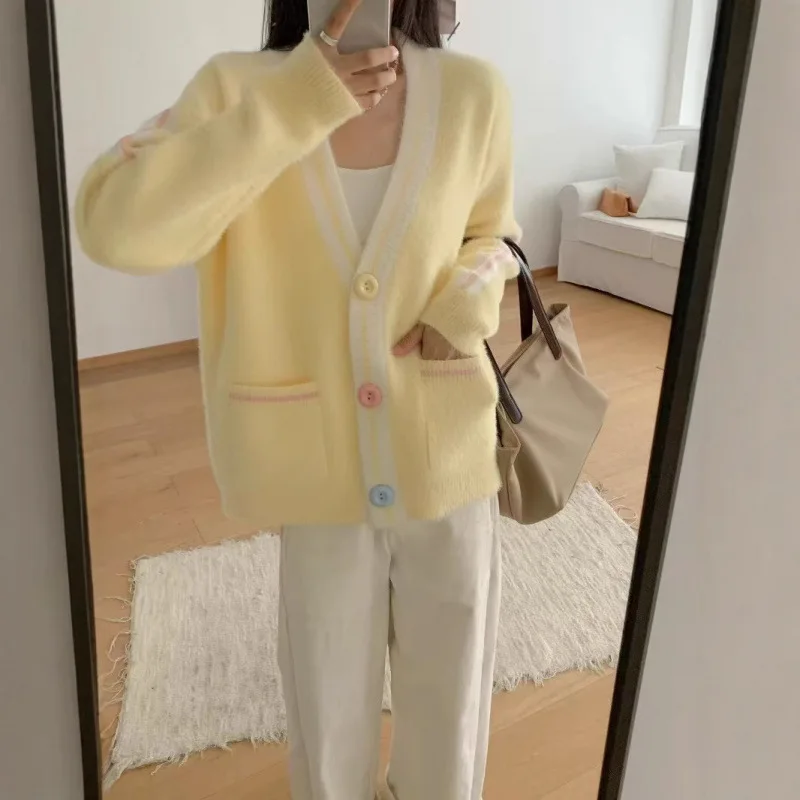 

Sweet and gentle color blocked knitted cardigan 2025 autumn new women's clothing lazy style loose sweater jacket