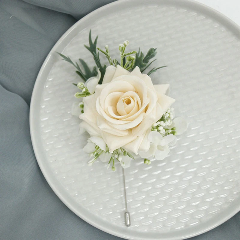 New Champagne Silk Rose Boutonniere Buttonhole Artifical Flowers Pins Wrist Corsage Bridesmaid Bracelet Wedding Accessories