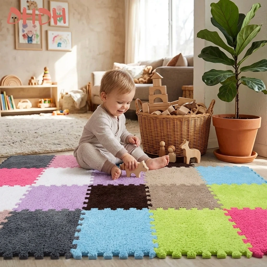 Plush Baby Play Mat 30x30cm Interlocking Puzzle Floor Tiles Soft Crawling Mat Anti Slip for Nursery Infant Kids Bedroom view 2