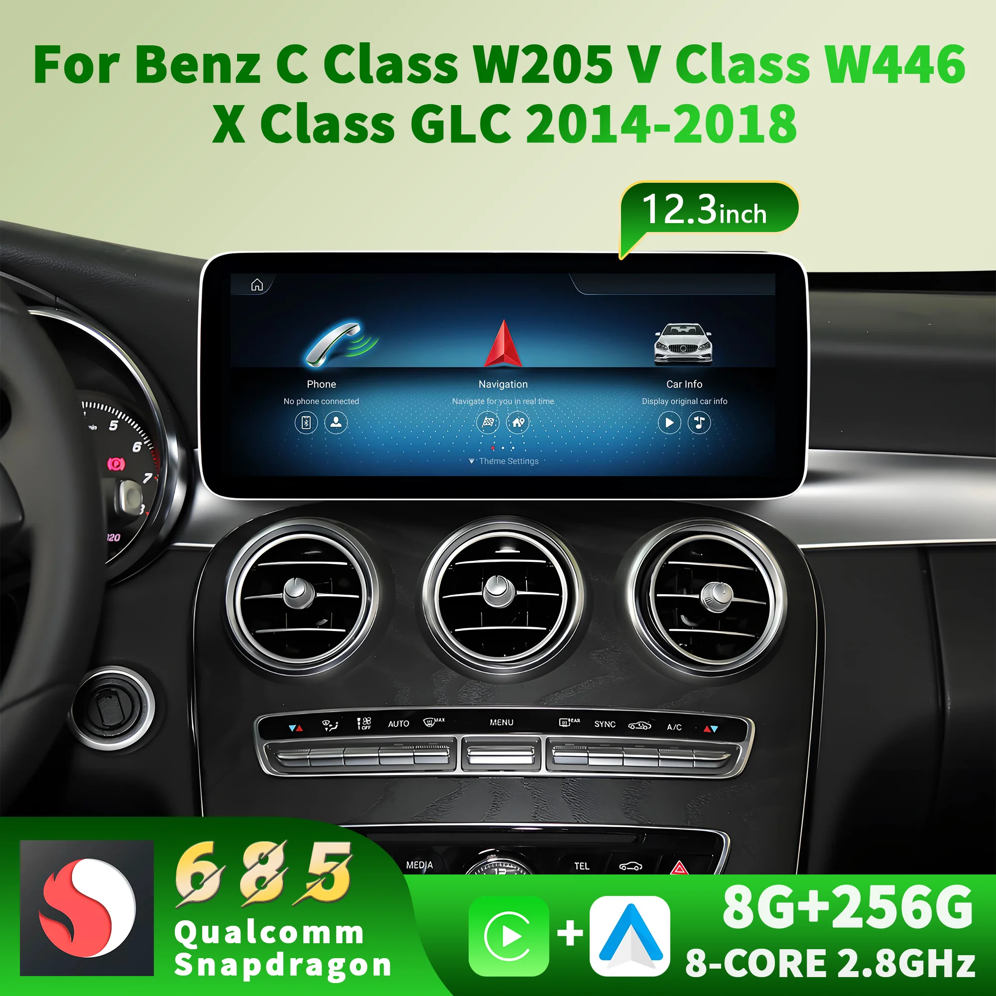 12.3 inch Radio Screen Carplay GPS Android 14 Snapdragon 685 For Mercedes Benz C Class W205 V Class W446 X Class GLC 2014-2018