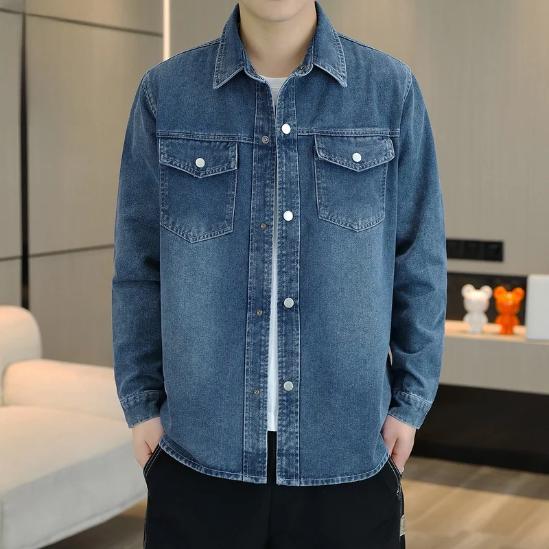 

Casual Loose Fit Long Sleeve Men's Denim Shirt Trendy Brand Autumn Collection Youthful Style Classic Point Collar