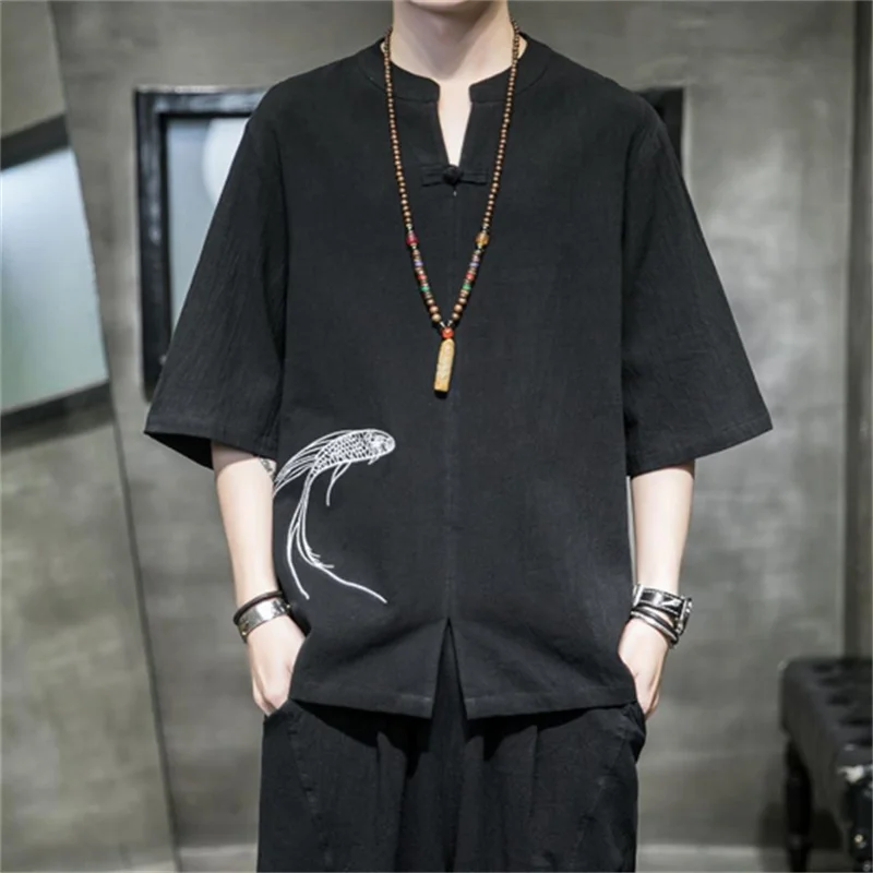 

Y2K Summer T-Shirt Man 2024 New Chinoiserie Coil Buckle Round Collar Blouse Fashion Embroidery Short Sleeves Pullover Top Hombre