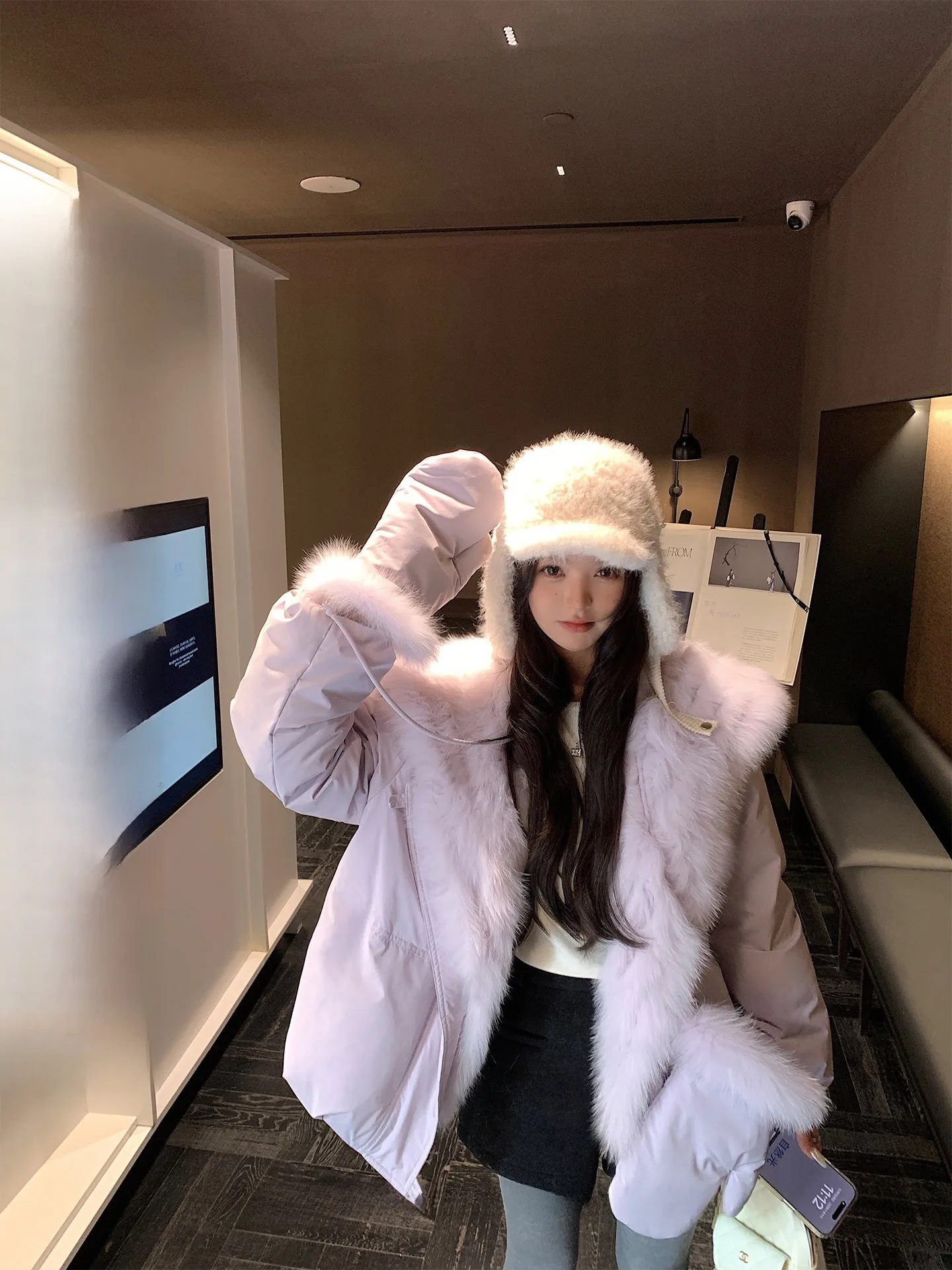 

ese Young Sle Goose down Jaet with Fur Collar Navy Collar Women's Casual Loose Fit Polyester Fiber Winter Coat