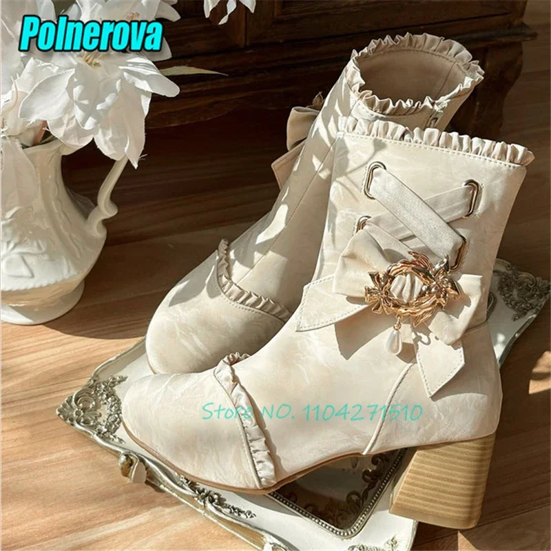 

Elegant Sweet Lace Satin Lolita Short Boots Bowknot Metal Buckle Thick Heel Ankle Boots Autumn Winter French Girl Dress Shoes