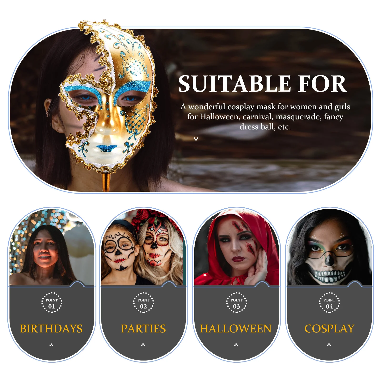 

Half Face Mask Premium Plastic Handheld Masquerade Mask For Women Festival Party Cosplay Prop Costume Accessory Stage