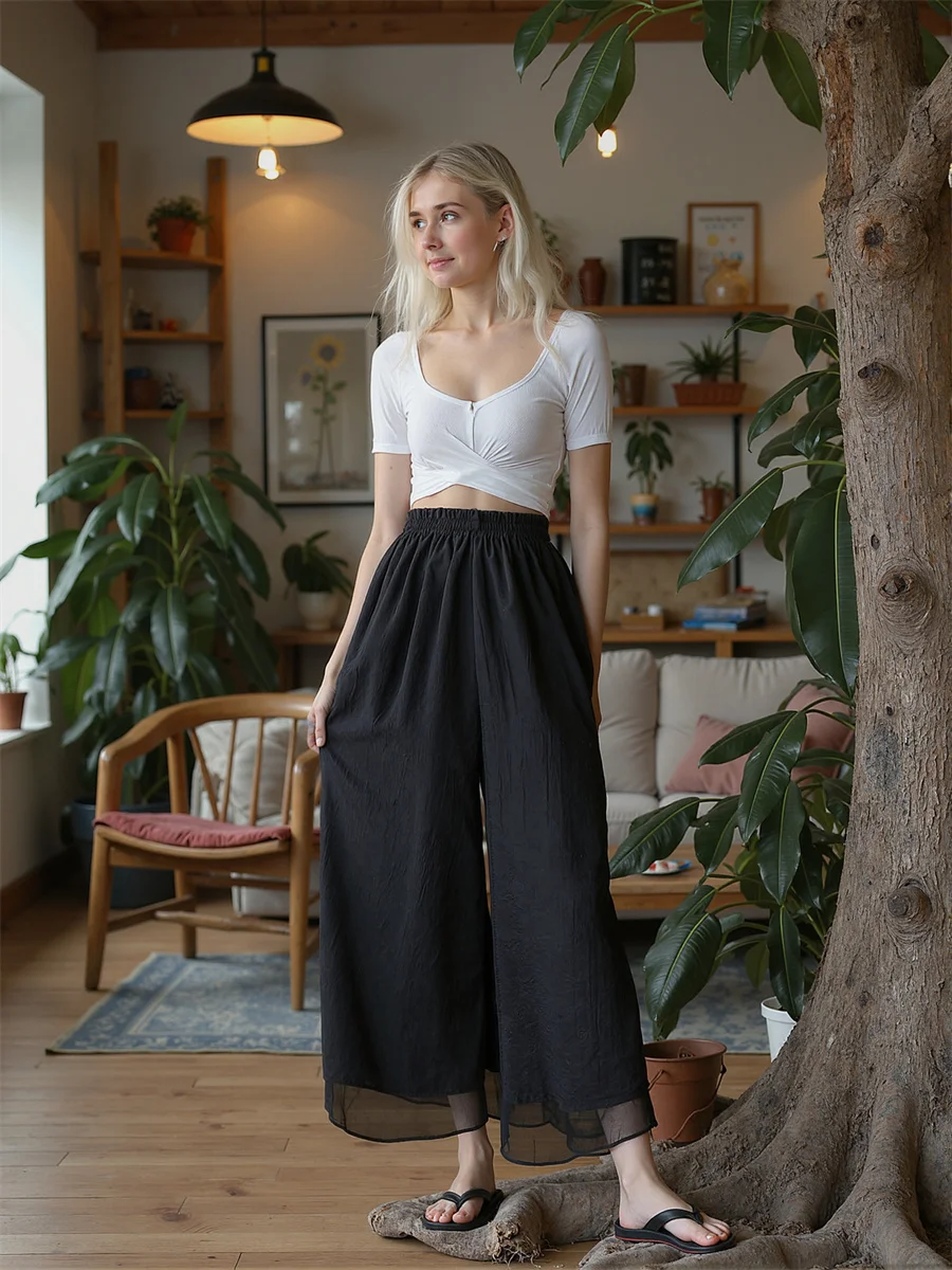 Calças de Chiffon de Perna Larga com Cintura Elástica para Mulheres, Verão, Estilo Clássico Casual com Padrão Jovem
