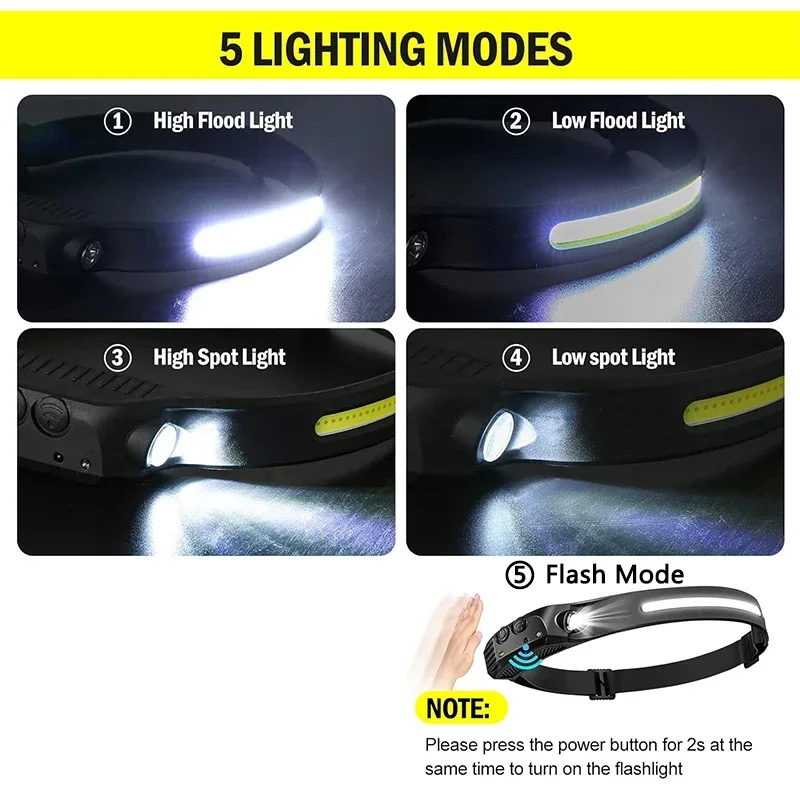 Imagem -03 - Usb Recarregável Sensor Farol Lanterna Led Xpe Mais Cob Tocha Impermeável Camping Farol Lanterna de Pesca ao ar Livre pc Pcs Pcs