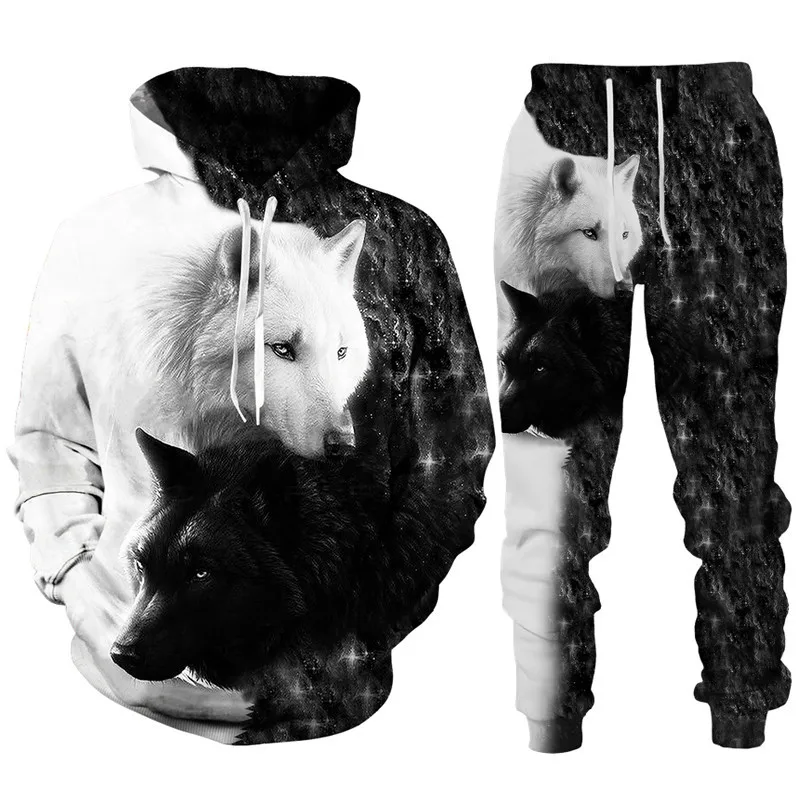 Schwarz-Weiß-Wolf Grafik Hoodie 2 Stück Sets 3D-Druck Männer/Frauen Unisex Kapuze Sweatshirt Hose Set Outdoor Sport Pullover Anzüge