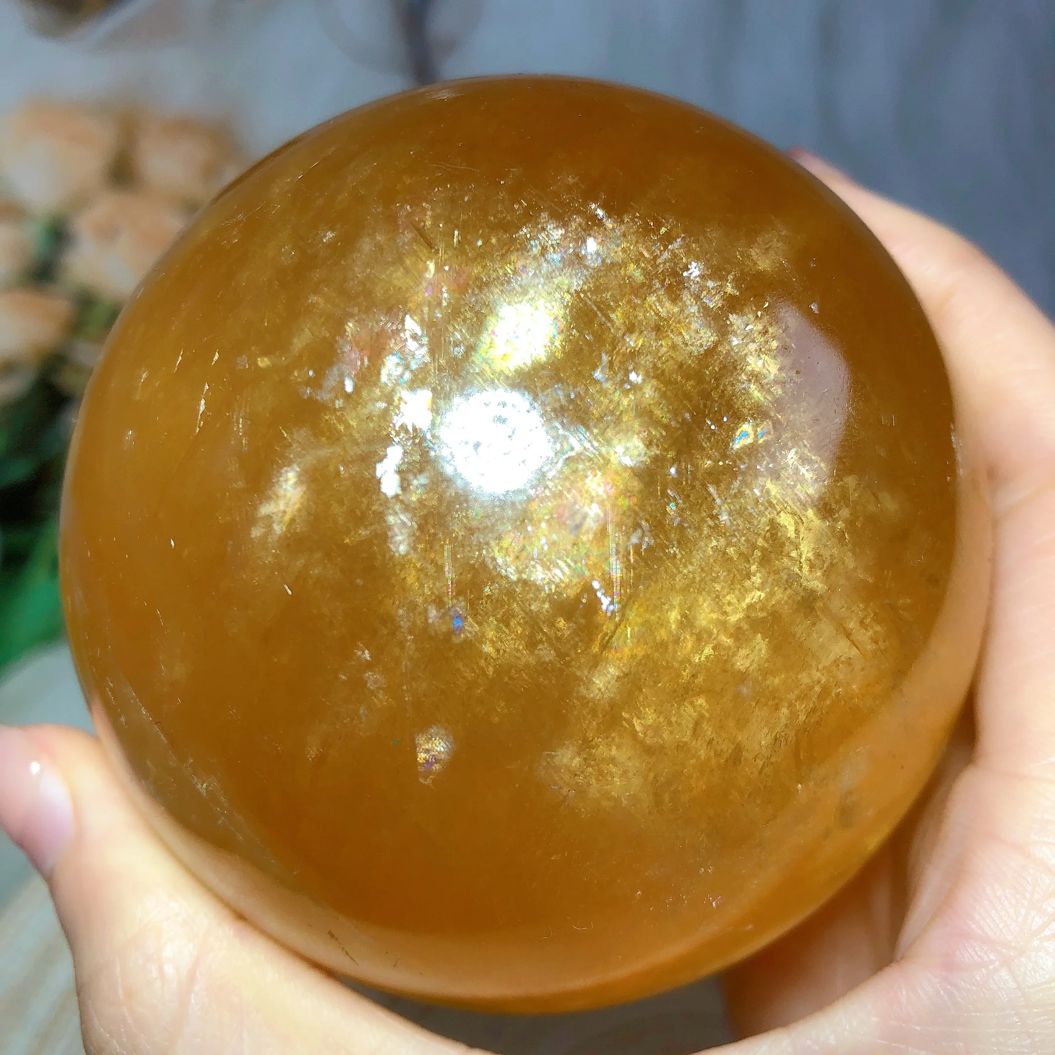 Natural Crystals Honey Clacite Sphere Rainbow Flash Healing High Quality Energy Mineral Wholesale Ornament Ore Ball