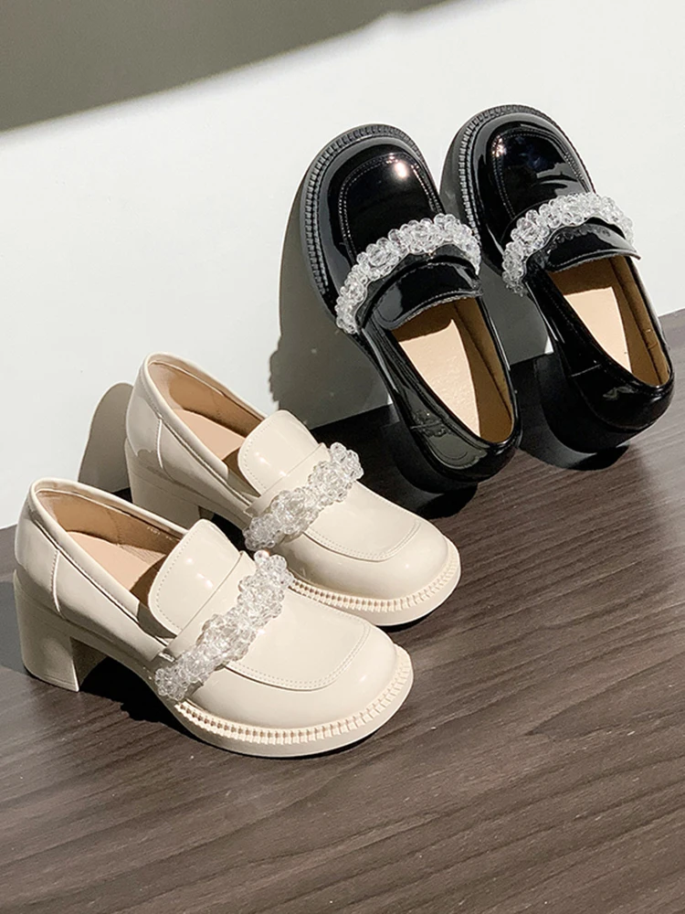 British Style Slip On Shoes For Women White Sneakers Clogs Platform Loafers With Fur Square Toe Oxfords Female Footwear Preppy S