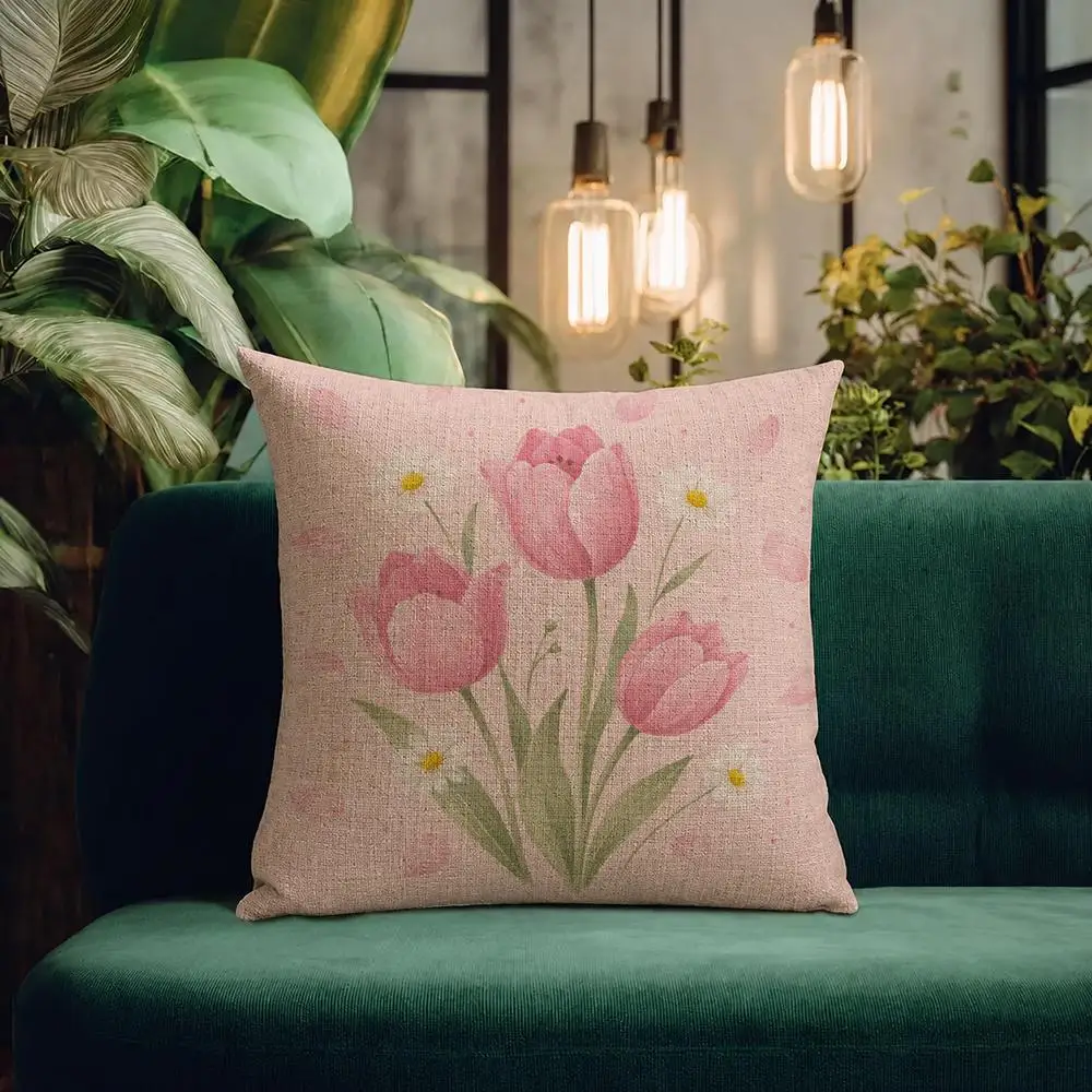 Art Pink Flower Decorative Cushion Cover Natural Linen Pillowcase Set Cushion Cover for Sofa Bedroom Chair