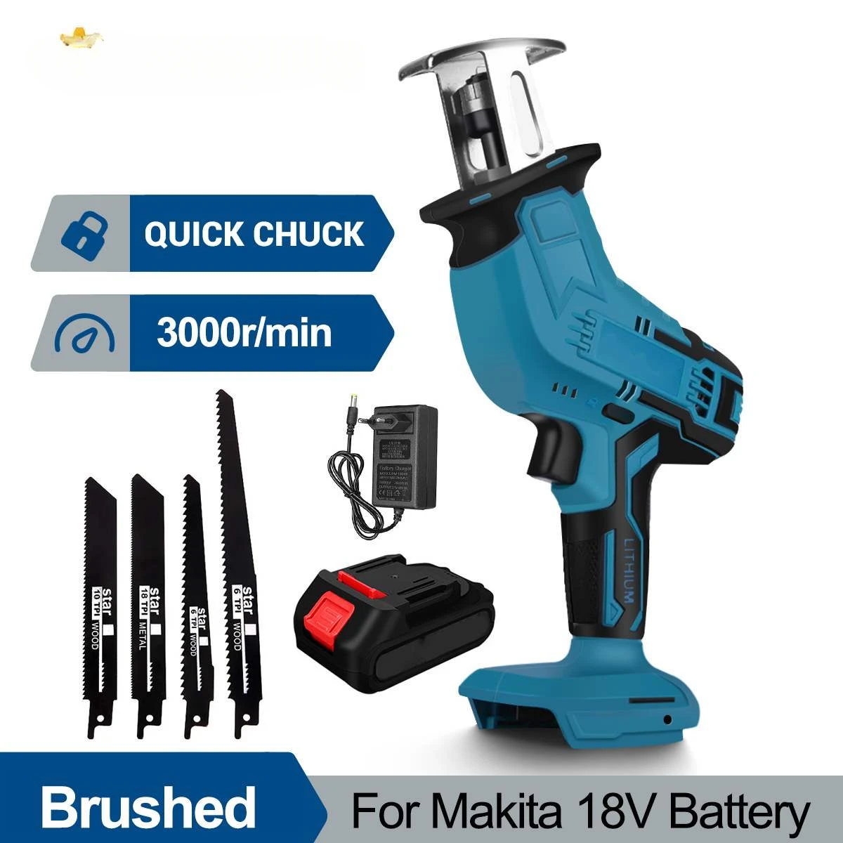 For 3000rpm Cordless Reciprocating Saw with 4 Blades Woodworking Tool High Speed Wood Metal PVC Cuting Saw for Makita 18VBattery