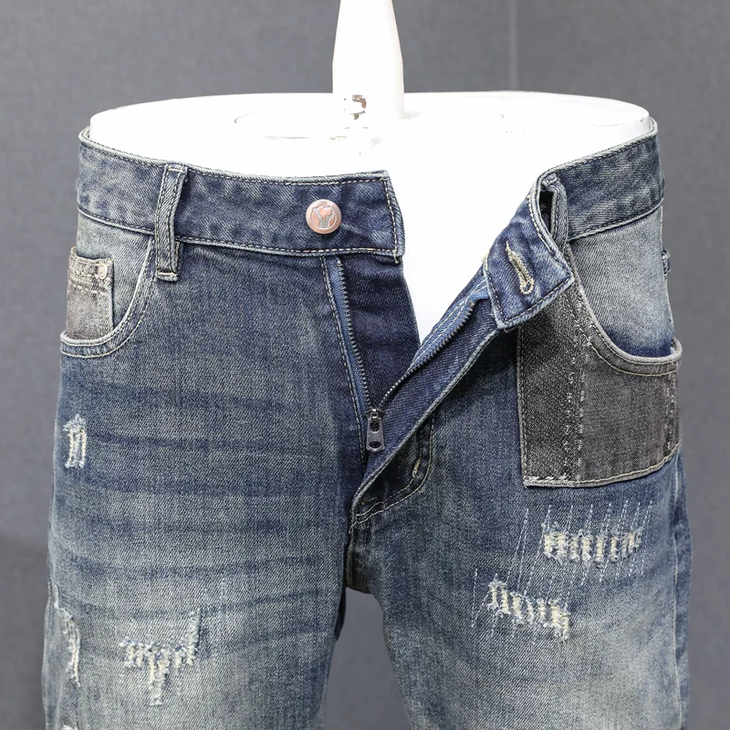 Streetwear Fashion Men Jeans Retro Washed Blue Stretch Slim Fit Ripped Jeans Men Patched Designer Hip Hop Denim Pants Hombre