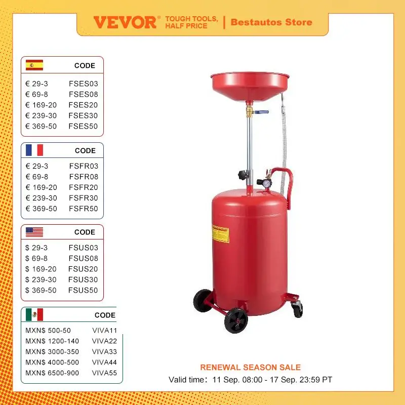 VEVOR 20Gal / 80L Waste Oil Drain Tank Air Operated Height Adjustable with Accurate Pressure Gauge Hose and Funnel Swivel Wheels