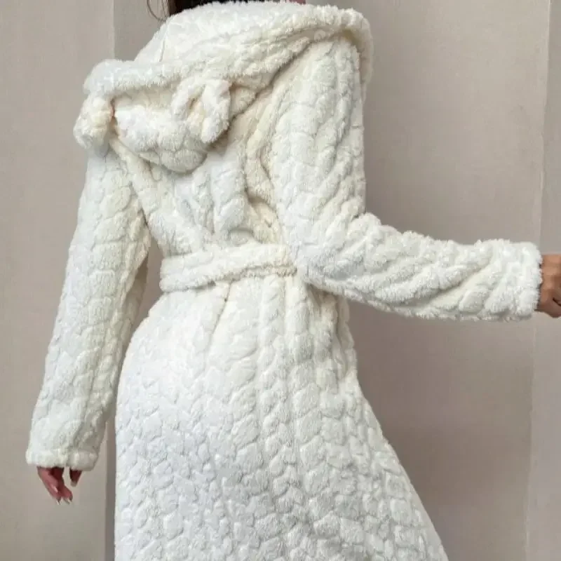 Winter Robe Shower Nightwear Women Sleepwear Fluffy Warm Hooded Nightgown Bath Gown Home Bathrobe Long Sleeve Kimono with Belt