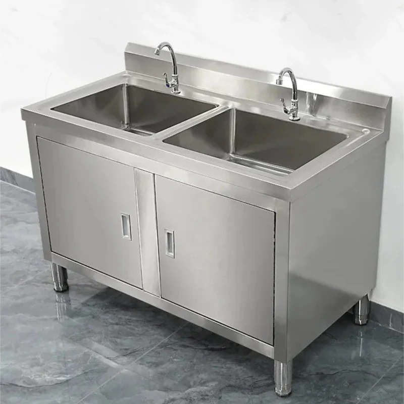 Stainless Steel Sink Double Basin Cafeteria Wash Dish and Vegetables Slot Multifunctional Workbench Integrated Sink Cabinet