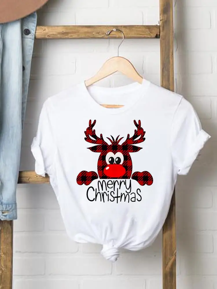 Frohes neues Jahr Hirsch niedlichen Trend 90er Jahre Dame lässig weibliche Frauen Kleidung druckt O-Ausschnitt Grafik T-Shirt Weihnachten Mode Shirt T-Shirt