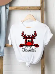 Happy New Year Deer Cute Trend 90s Lady Casual Female Women Clothes Prints O-neck Graphic T-shirt Christmas Fashion Shirt Tee