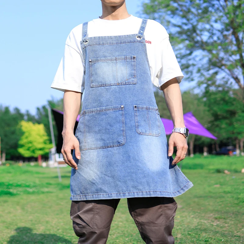 Retro Denim Apron Men\'s Fashion Work Clothes Hairdresser Milk Tea Shop Restaurant Waiter Female Kitchen Apron