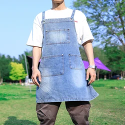 Retro Denim Apron Men's Fashion Work Clothes Hairdresser Milk Tea Shop Restaurant Waiter Female  Kitchen Apron