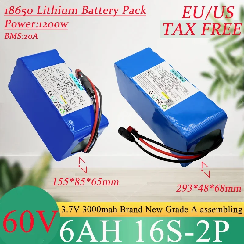 

60V 6Ah 18650 16S2P Lithium Ion Battery Pack 1200W Power Tool Batteries Outdoor Backup Batteries With 20A BMS