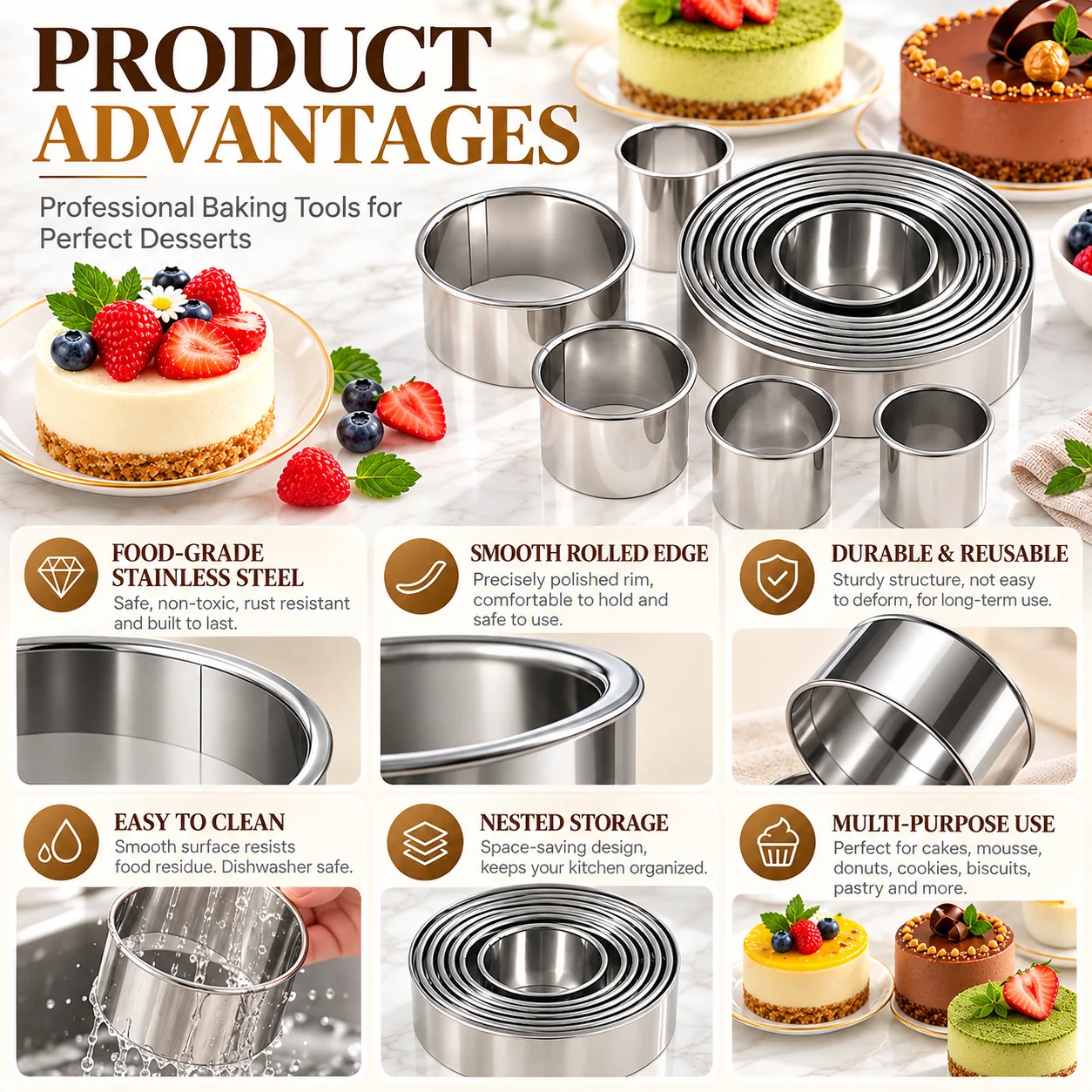 11/12-teiliges Mousse-Ring-Set aus lebensmittelechtem Edelstahl mit gerolltem Rand, leicht zu reinigen, runde Formen zum Formen von Fondant, Gebäck und Donuts für das Backen zu Hause – Detail 6