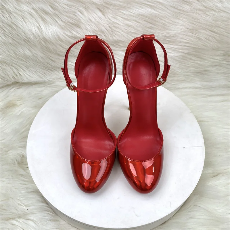 Keshangjia Laser red Patent Leather Women Ankle Strap Pumps 12cm High Heels Cute Mary Jane Red inside Stilettos Party Shoes