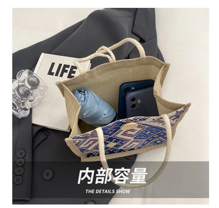 Embroidery Ethnic Style Canvas Bag Large Capacity Portable Printing Cloth Lunch Bag Storage Bag Print Linen Handbag Children