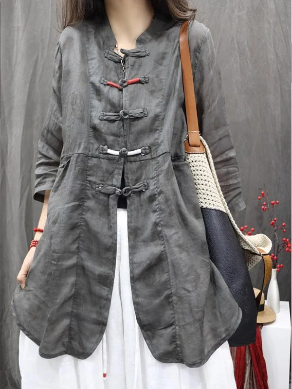 Boho Chic Bluzka damska plus size, średniej długości, zapinana na guziki, ze stójką, luźny krój, letnia, z mieszanki bawełny.