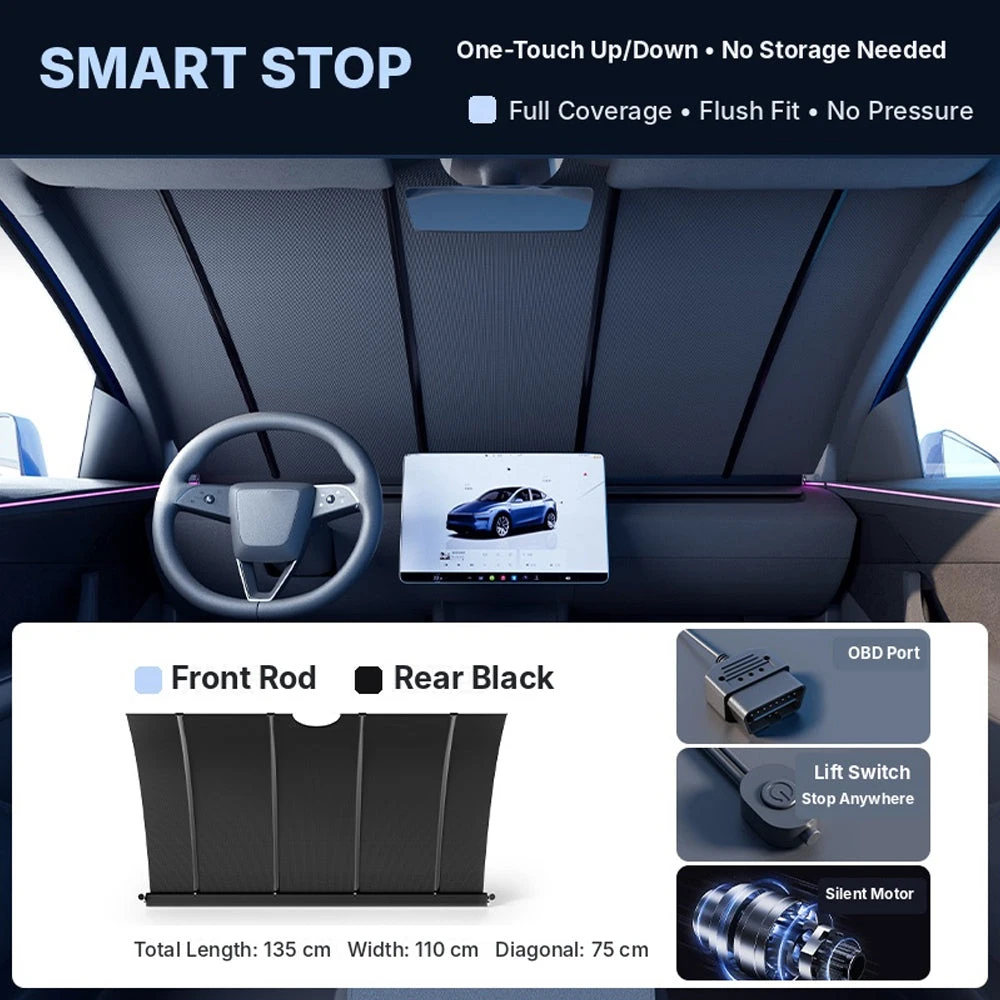 Electric Windshield Sunshade for Tesla Model 3 / Y / Y Juniper / 3 Highland /Y Standard Retractable Front Window UV Protection