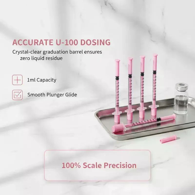5Pcs 1ml Pink Disposable Insulin Syringe  Fine Needle Sterile Hypodermic Injection Syringe For Subcutaneous Use