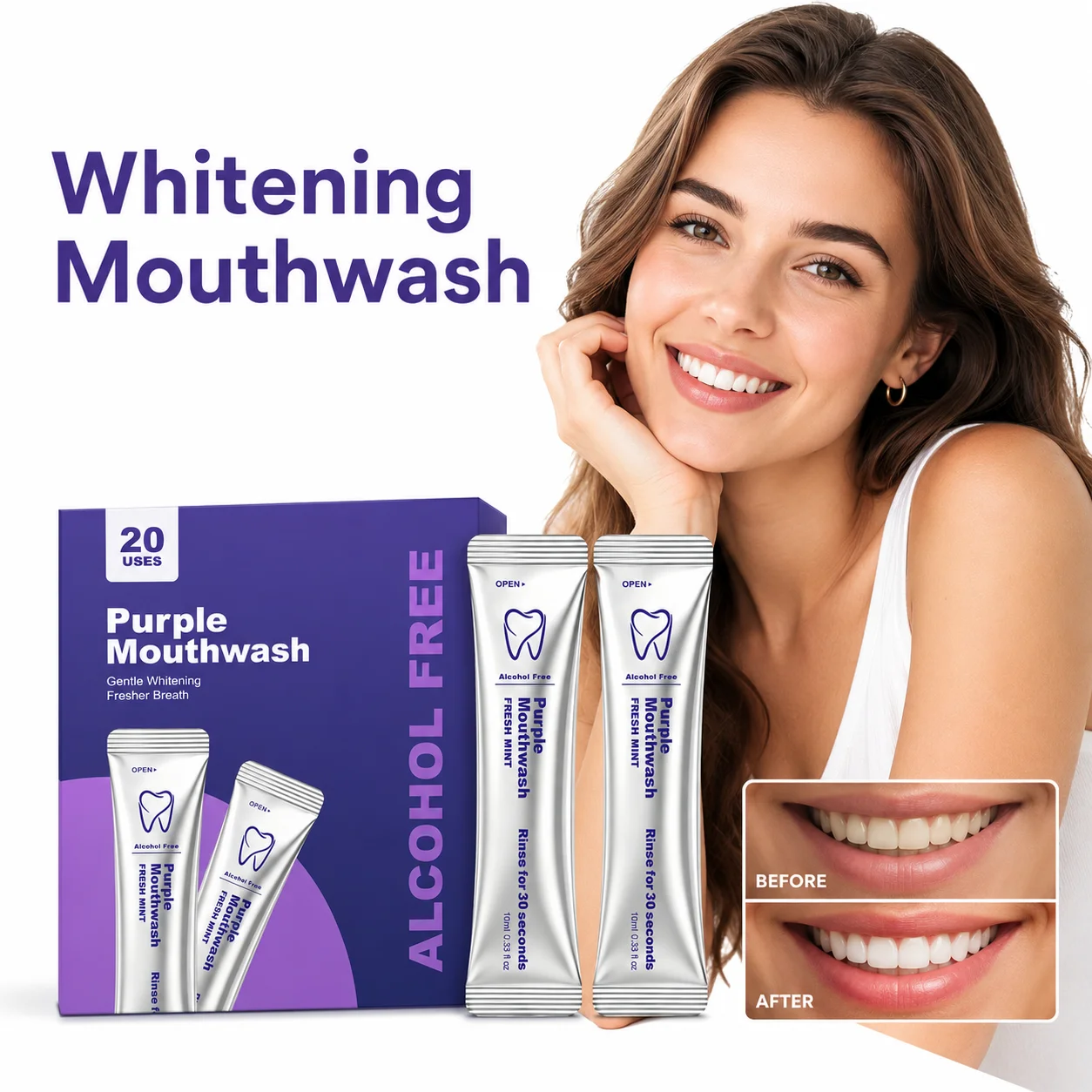 Purple Teeth Whitening Mouthwash Gentle Alcohol Free Mint Oral Care Rinse for Coffee Food Stains and Fresh Breath